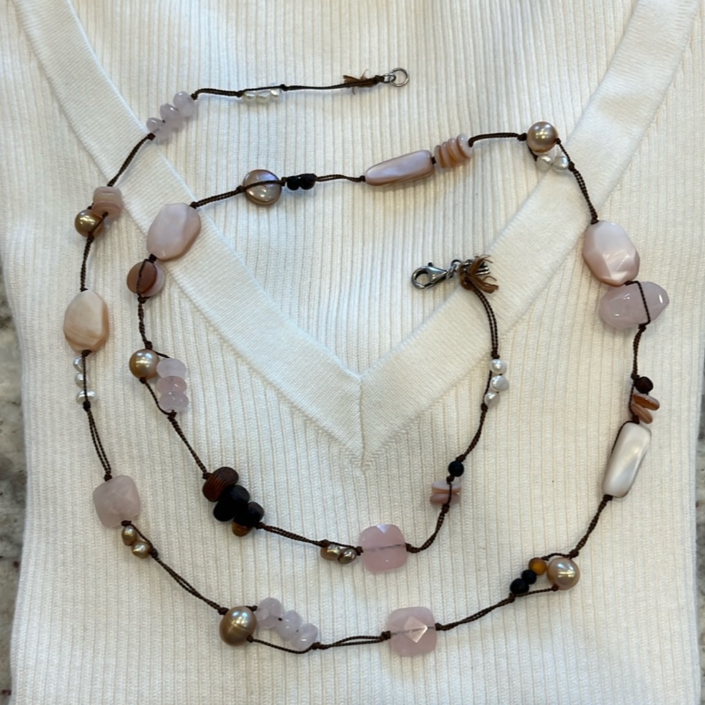 Silpada Natural 35” Necklace Rose Pink Pearl Brown Cord - Picture 1 of 3
